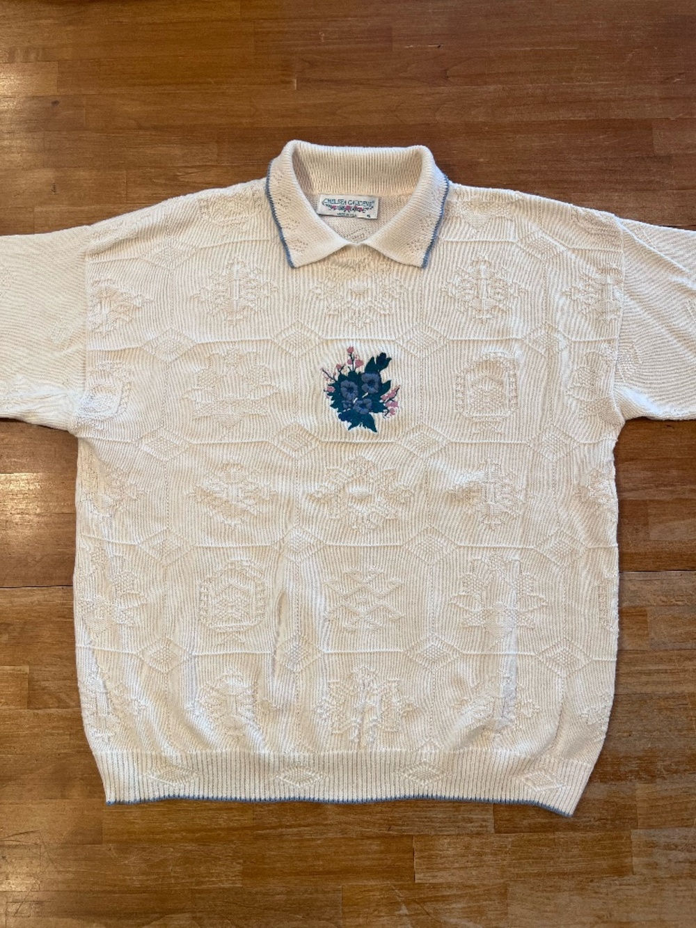 CHELSEA GARDENS 100% Cotton Collared Floral Sweater
